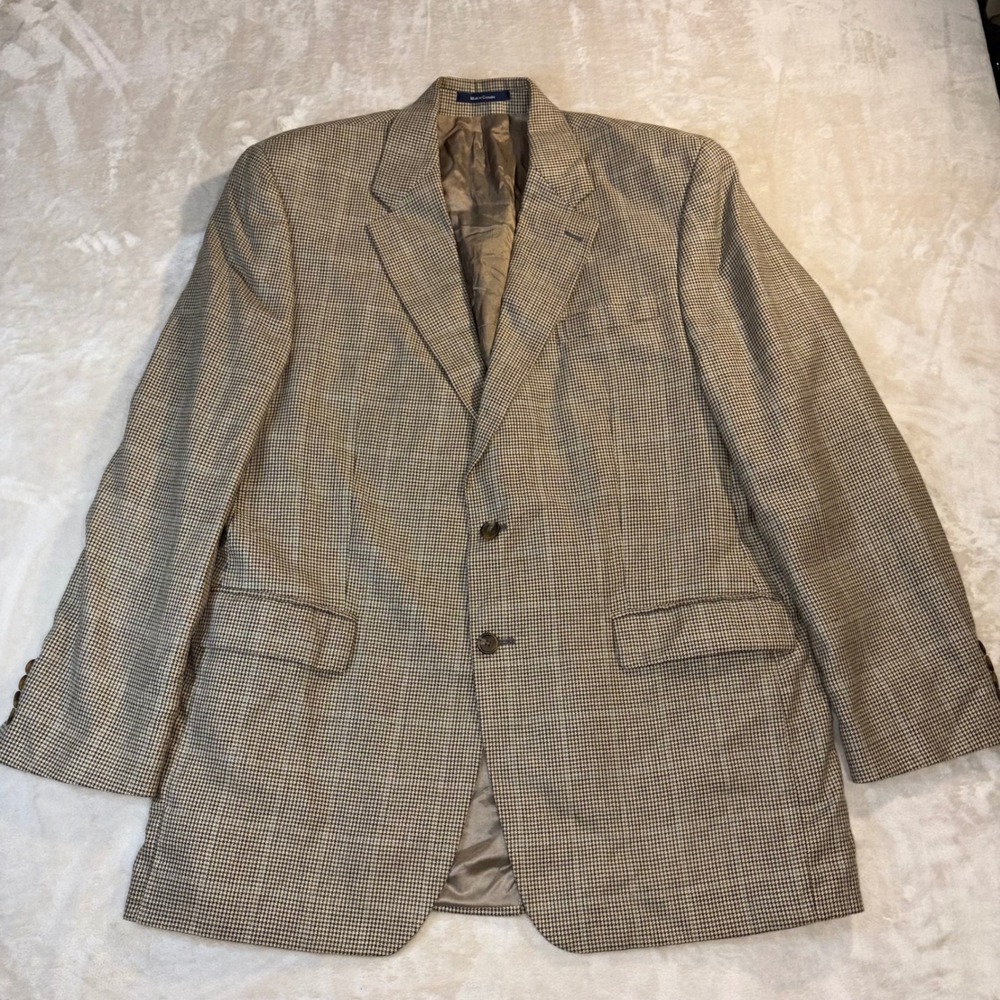 Chaps Ralph Lauren Silk Wool Linen Blazer 44L Brown Houndstooth Sport Coat